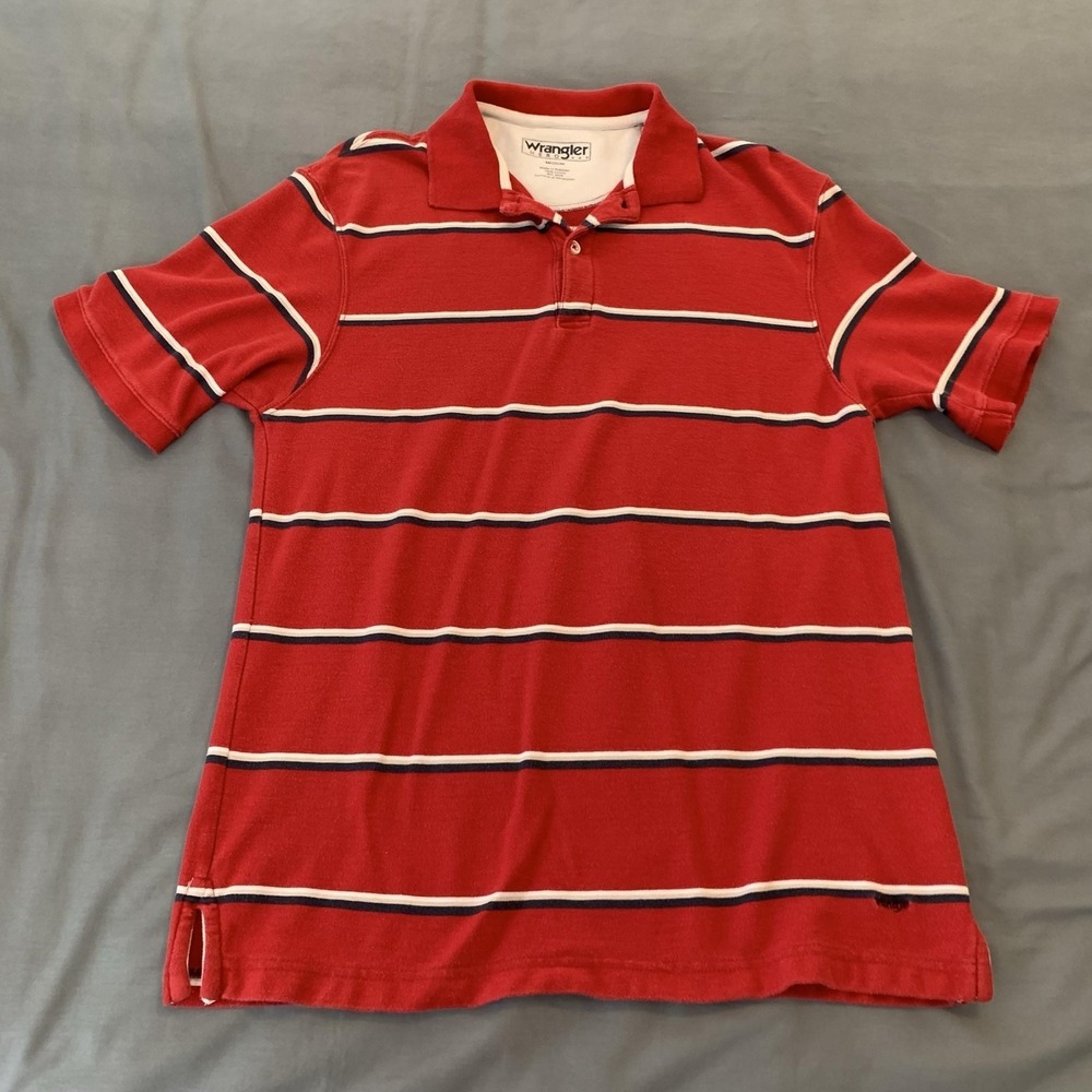 Wrangler Polo‎ Shirt Mens Medium Red Striped Knit Cotton Casual Golf Summer